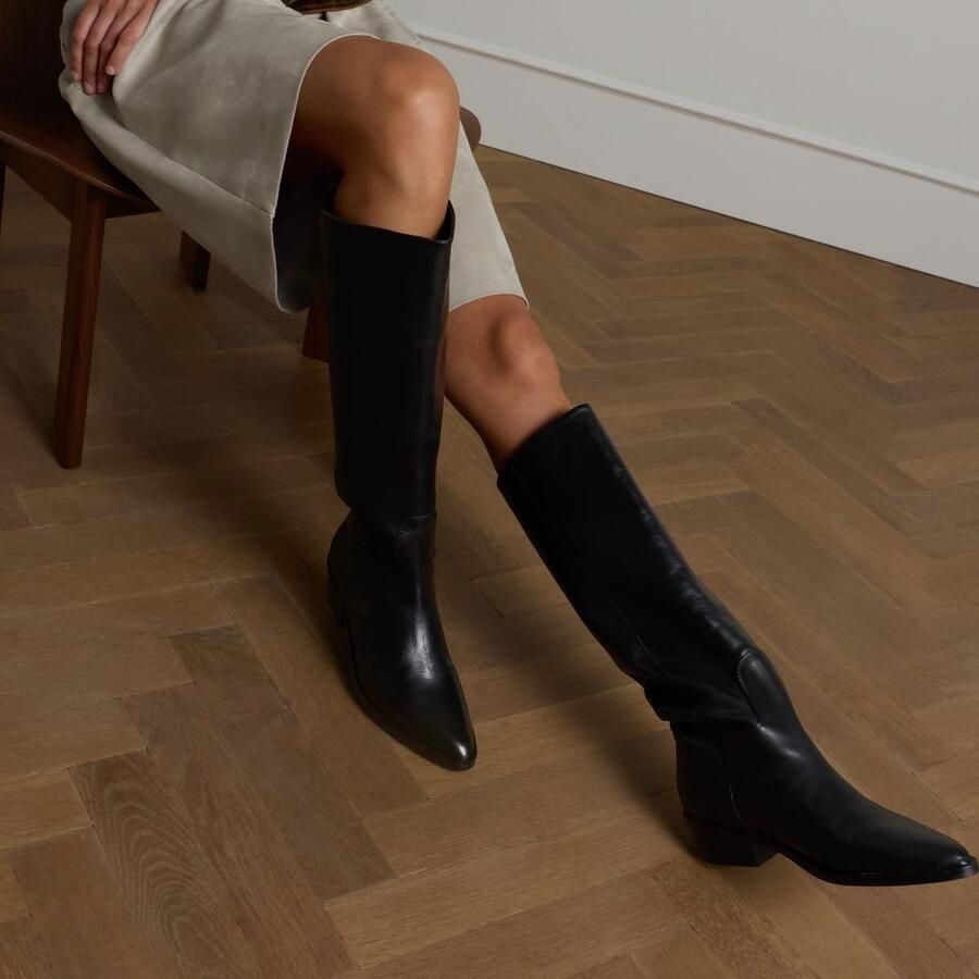 Manfield Dames Zwarte leren hoge laarzen met wijde schacht - Foto 2