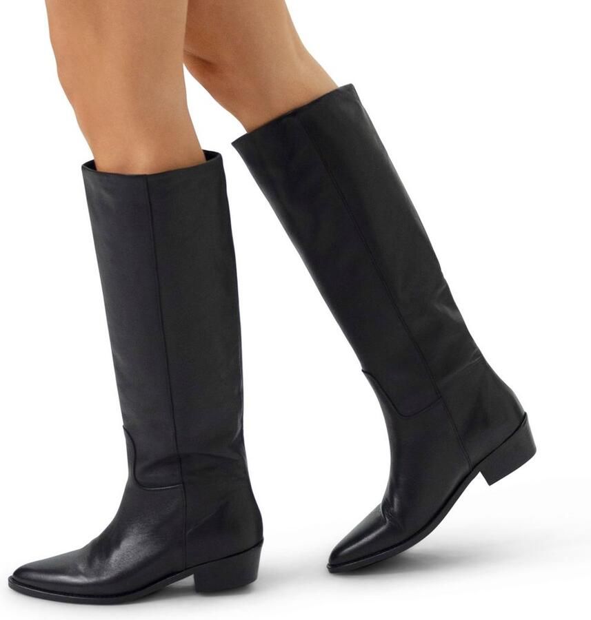 Manfield Dames Zwarte leren hoge laarzen met wijde schacht