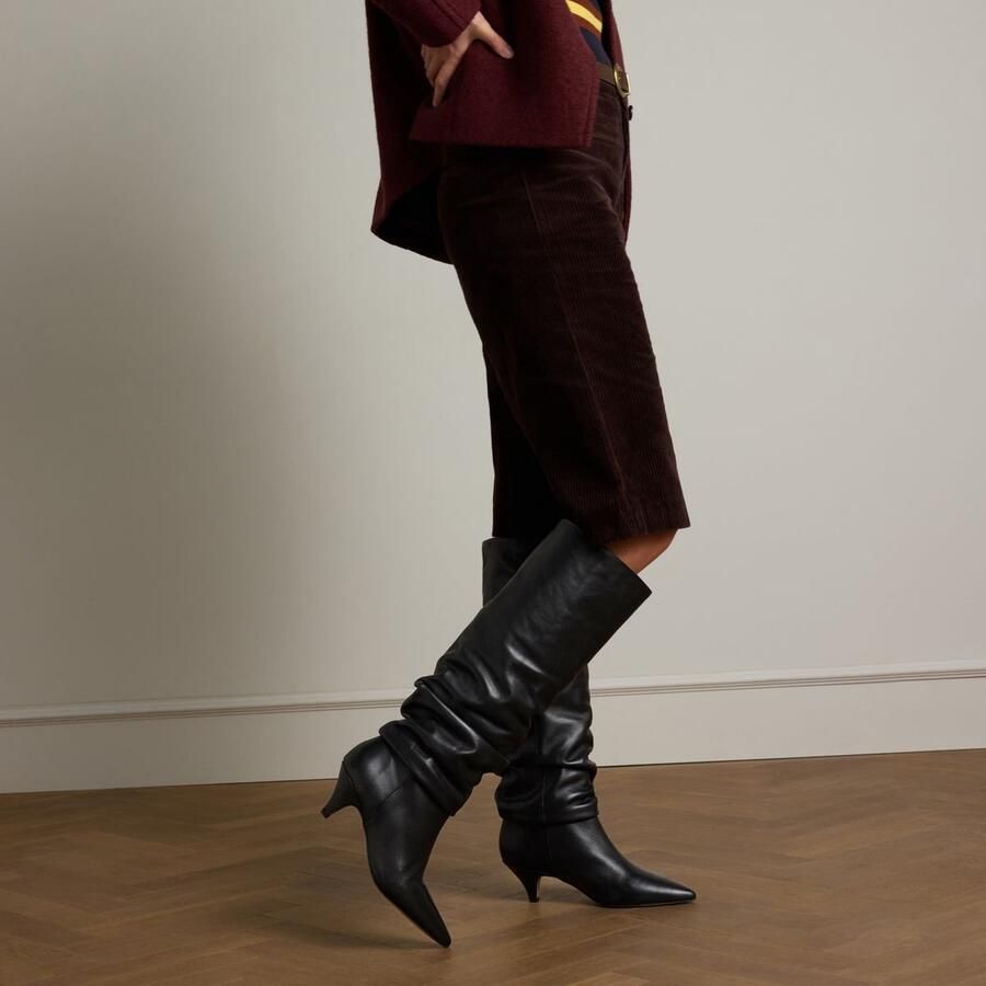 Manfield Dames Zwarte leren hoge laarzen met kittenheel