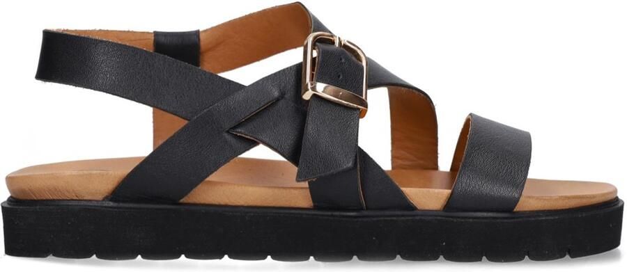 Manfield Dames Zwarte leren sandalen met plateauzool