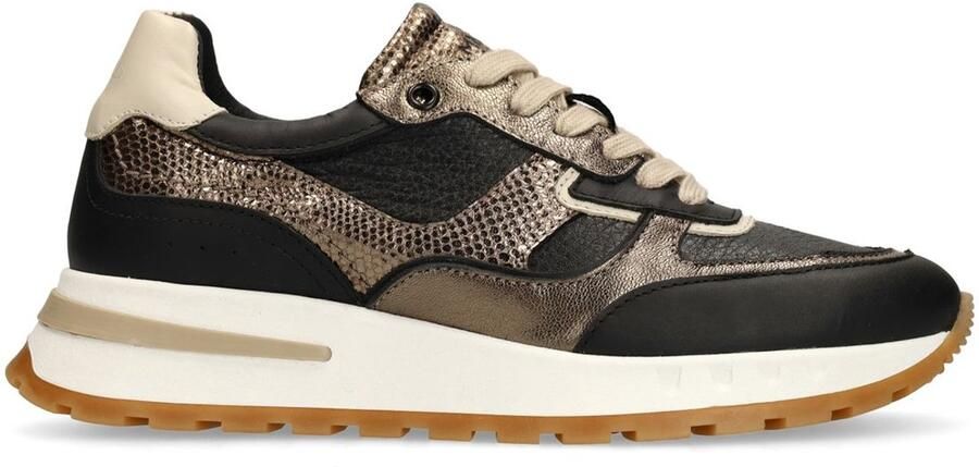 Manfield Dames Zwarte leren sneakers met metallic details