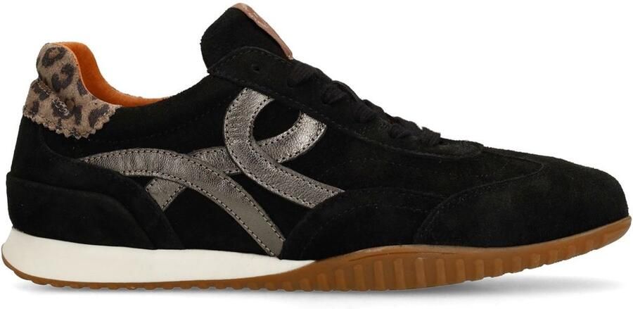 Manfield Dames Zwarte suède sneakers met leopard details