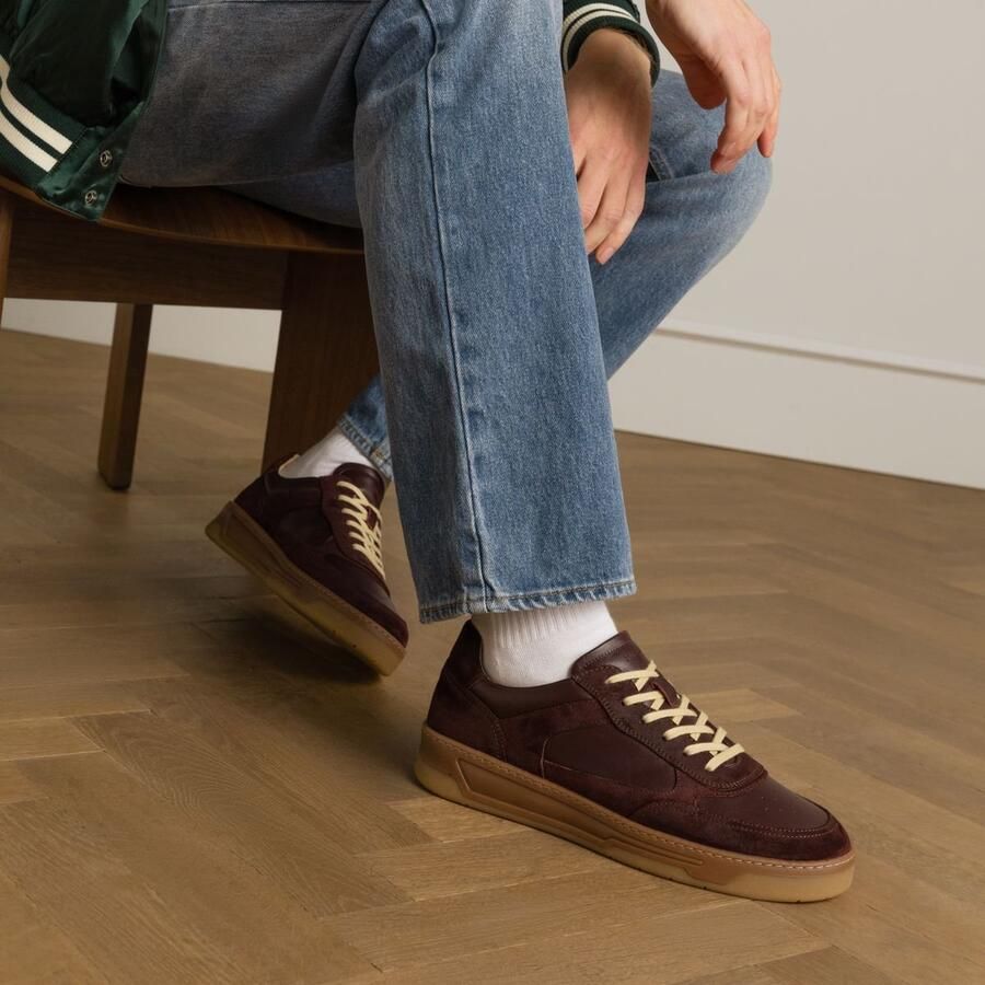 Manfield Heren Burgundy leren sneakers met suède details - Foto 2