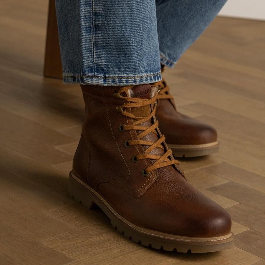 Manfield Heren Cognac leren boots met imitatiebond