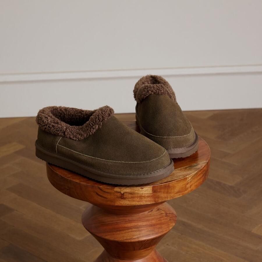 Manfield Heren Donkerbruine suède pantoffels met imitatie wol - Foto 4