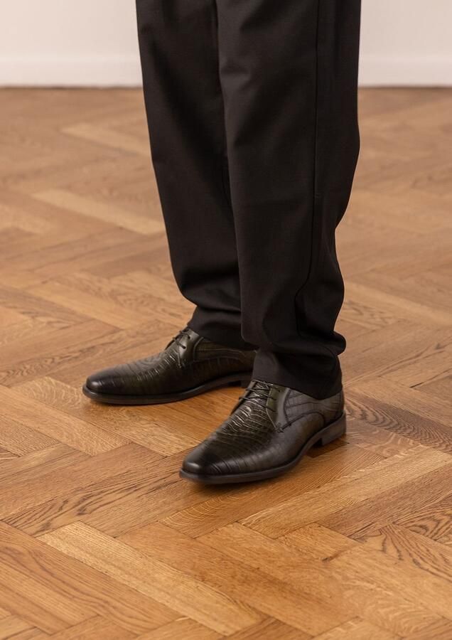 Manfield Heren Donkergroene leren croco veterschoenen