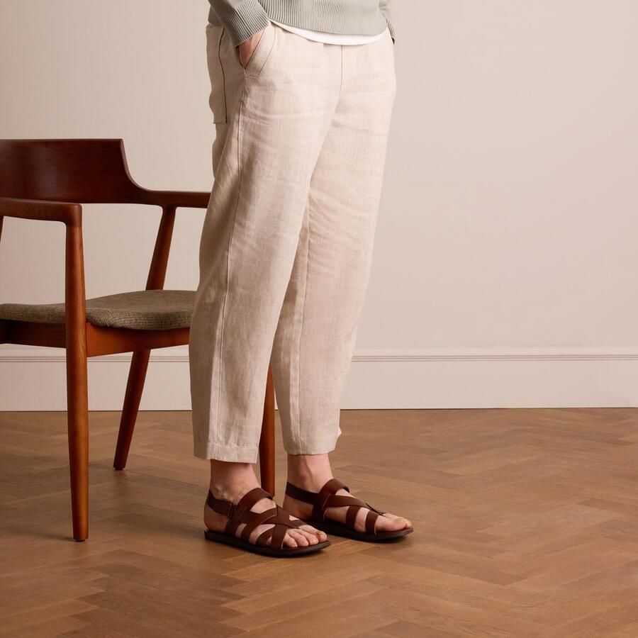 Manfield Heren Leren gevlochten cognac slippers