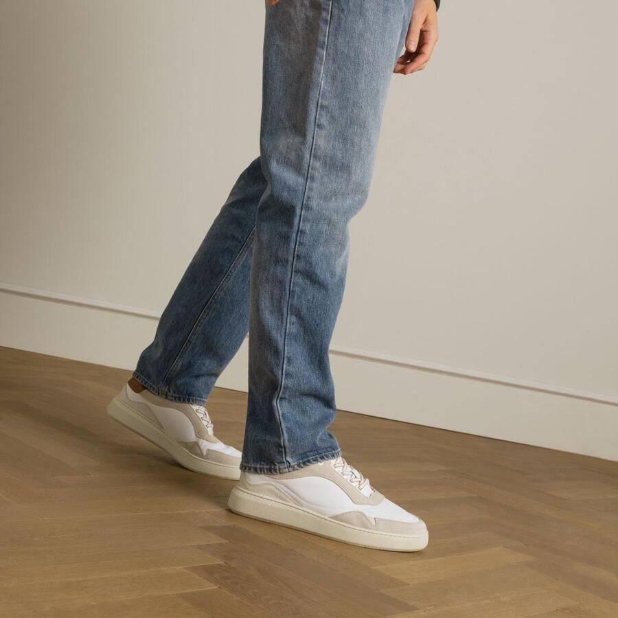 Manfield Heren Witte leren sneakers met beige details