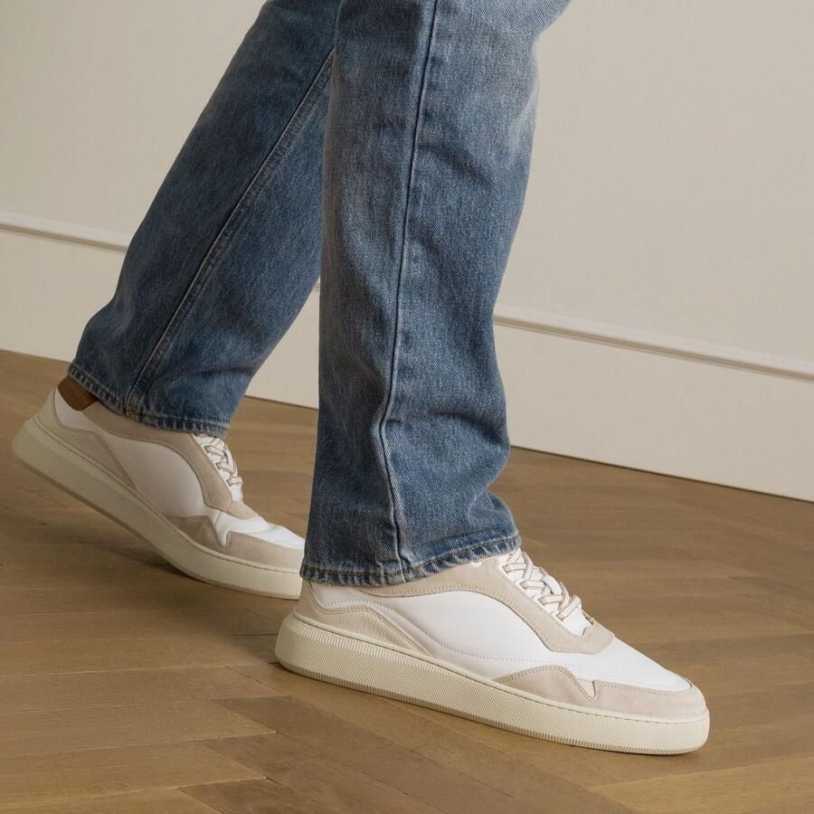 Manfield Heren Witte leren sneakers met beige details