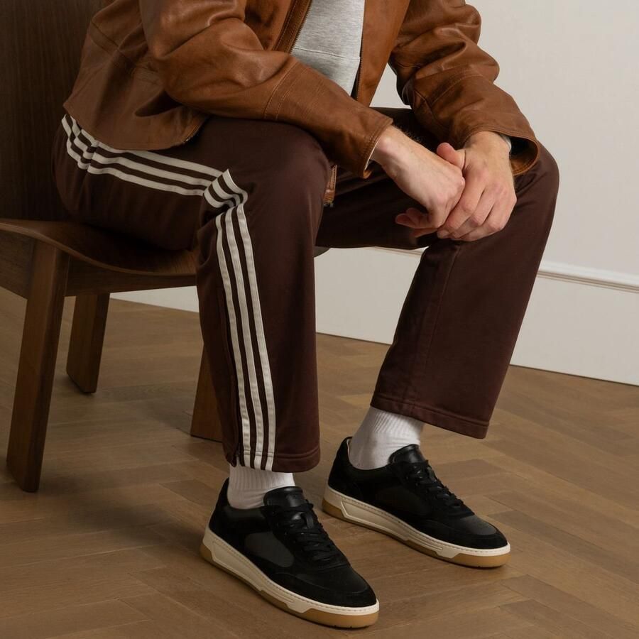 Manfield Heren Zwarte leren sneakers met suède details