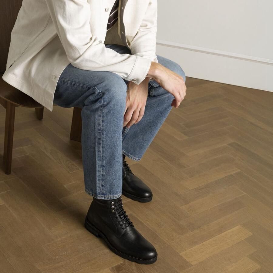 Manfield Heren Zwarte leren veterboots