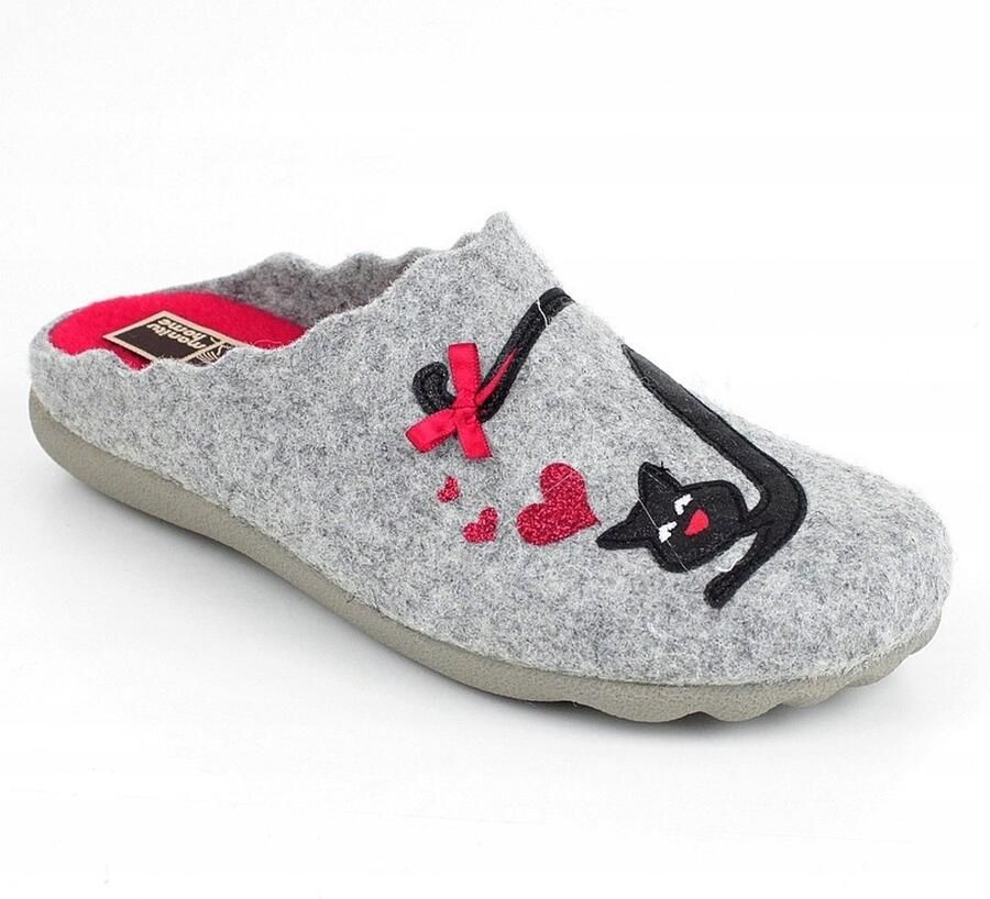 Manitu Dames Pantoffels Grijs Vilt met Kattenprint