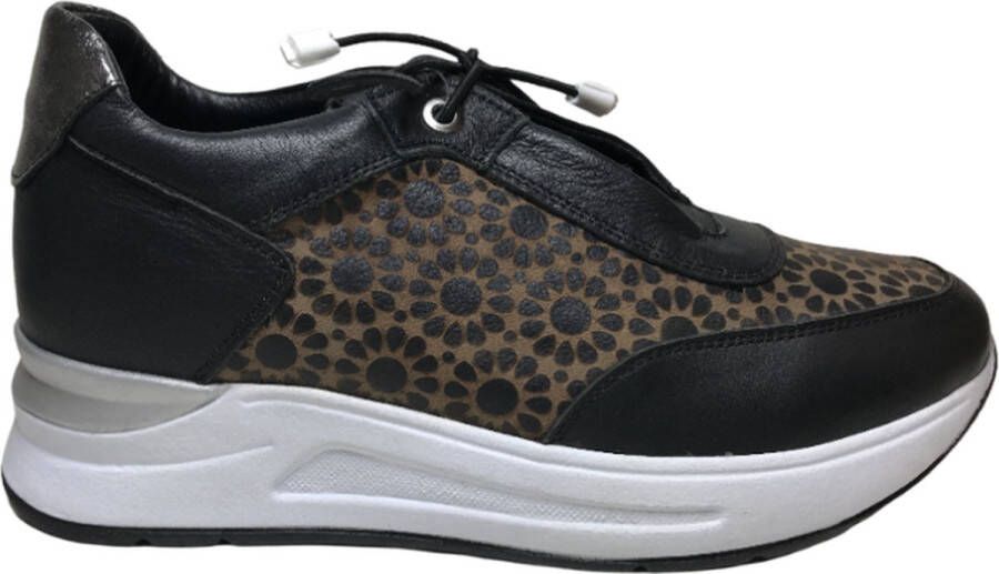 manlisa lederen bloemenprint comfort sneakers S247-2264 zwart