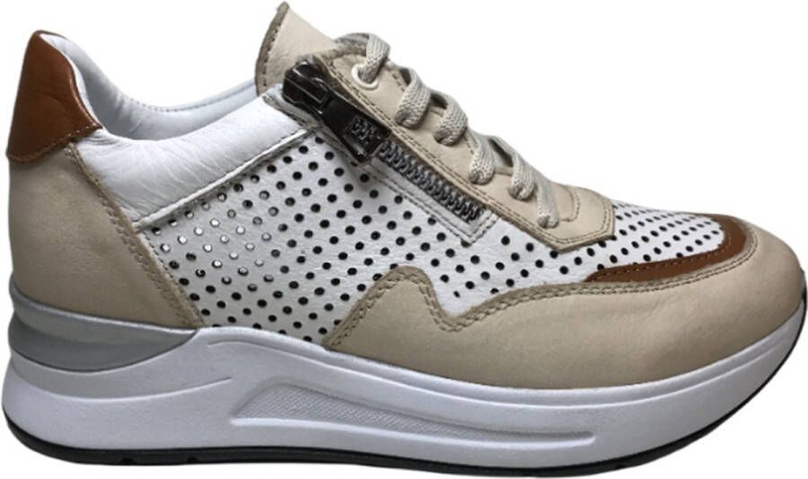 Manlisa veter rits geperforeerde lederen zomer comfort sneakers S247-1705 wit beige combi