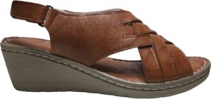Manlisa vlecht 6 cm sleehak lederen comfort sandalen S204-172 camel