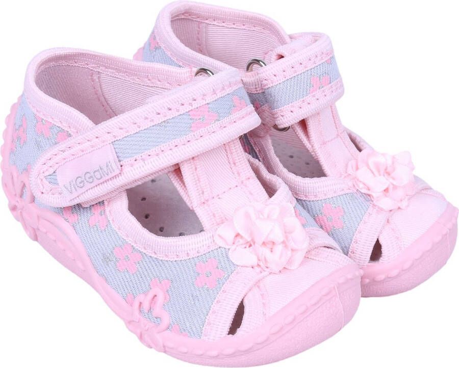 MARYSIA_KWIATKI Roze en grijs sandalen pantoffels met bloemen vastgemaakt met klittenband - Foto 1