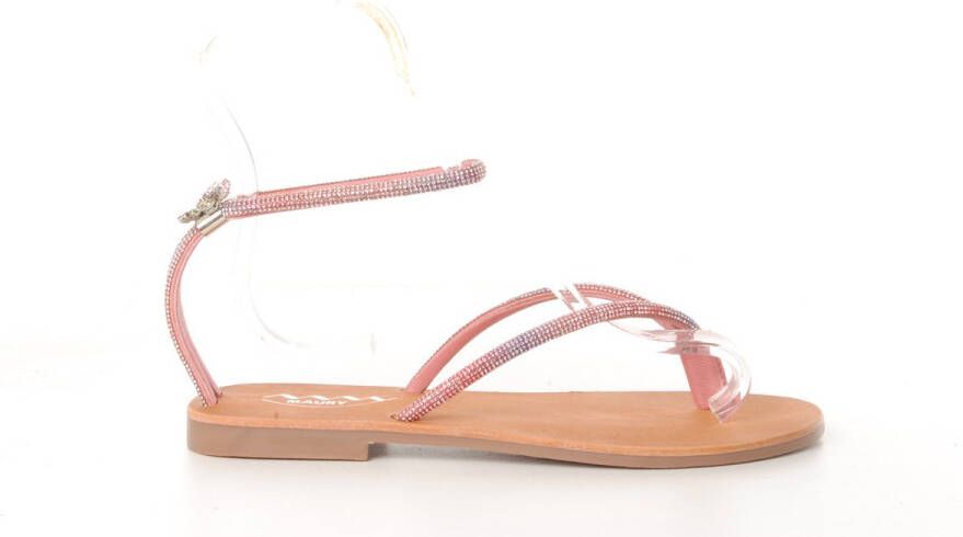 MAURY dames teenslipper met enkelbandje roze strass