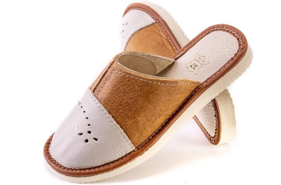 Maximus Dames Pantoffels Leer Wit-Bruin Comfortabele Leren Slippers