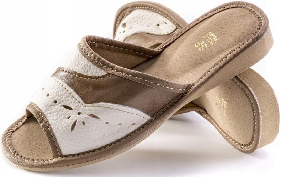 Maximus Dames Pantoffels Leer Wit-Bruin