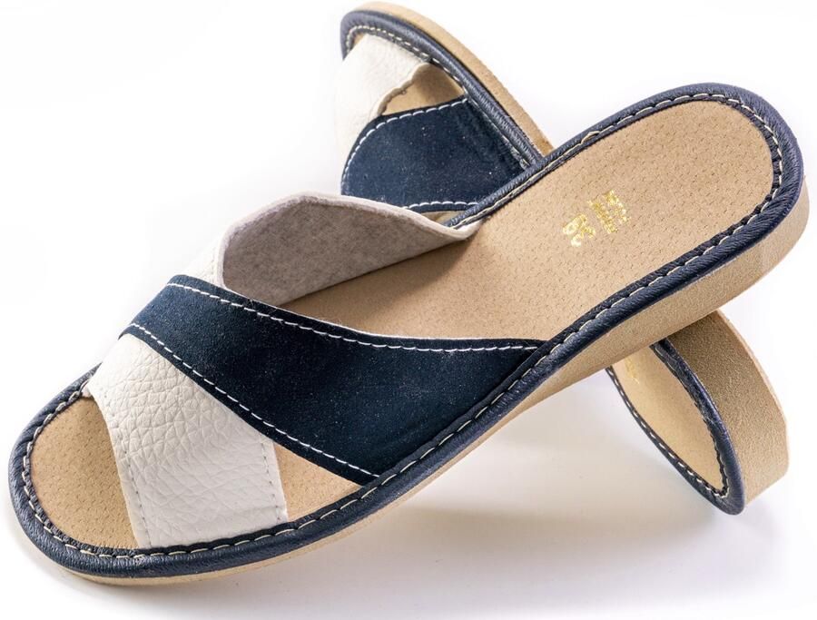 Maximus Dames Pantoffels Leer Wit Blauw Comfortabel & Stijlvol