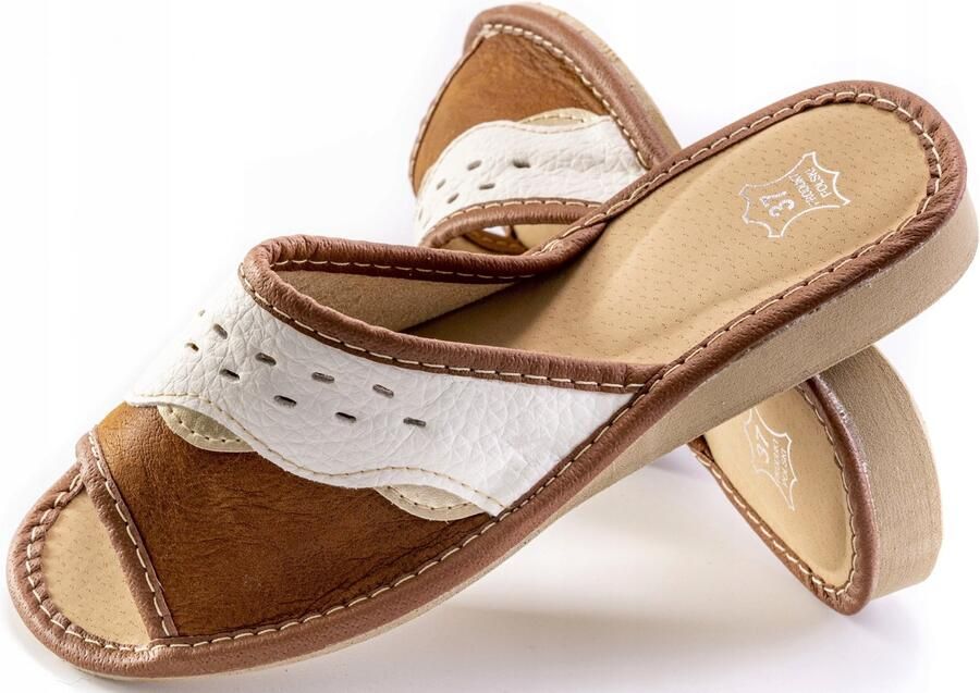 Maximus Dames pantoffels van leer wit-bruin