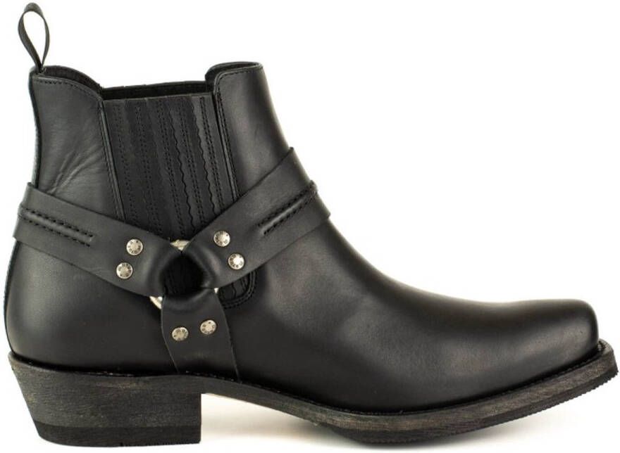 Mayura Boots 1444 Zwart Biker Cow Western Enkellaars Vierkante Neus Vast Spoor Elastiek Sluiting Vintage Geolied Leer