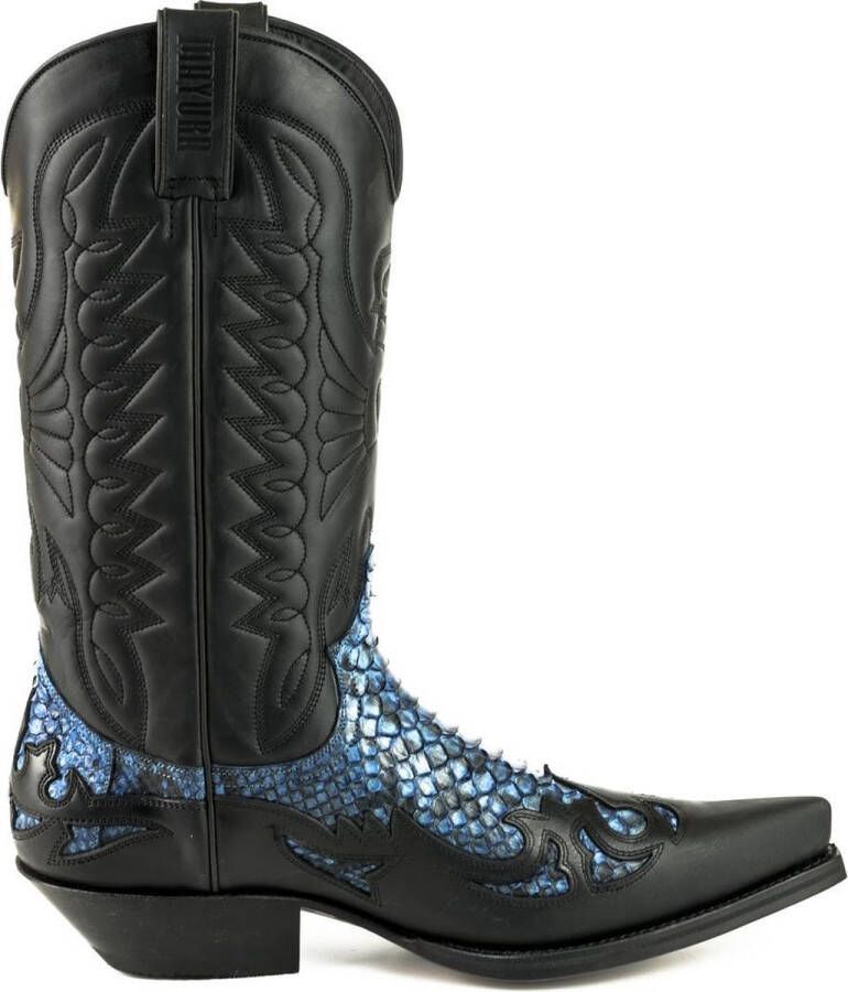 Mayura Boots 1935P Zwart Blauw Spitse Cowboy Western Laarzen Schuine Hak Rechte Schacht Treklussen Goodyear Welted