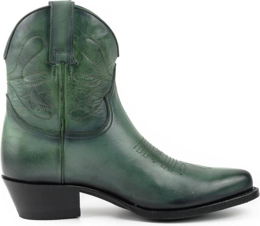 Mayura Boots 2374 Vintage Groen Dames Cowboy fashion Enkellaars Spitse Neus Western Hak Echt Leer