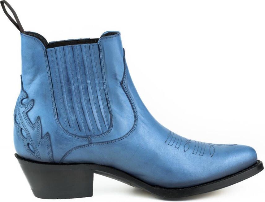 Mayura Boots 2487 Blauw Dames Cowboy Western Fashion Enklelaars Spitse Neus Schuine Hak Elastiek Sluiting Echt Leer