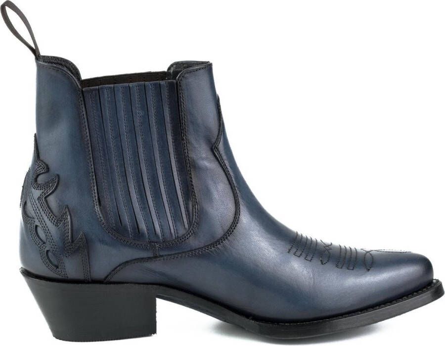 Mayura Boots 2487 Marine Blauw Dames Cowboy Western Fashion Enklelaars Spitse Neus Schuine Hak Elastiek Sluiting Echt Leer