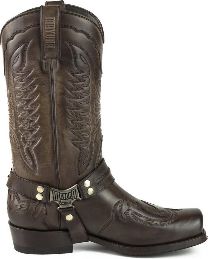 Mayura Boots Indian 2471 Bruin Cowboy Biker Laarzen Heren Vierkante Neus Platte Hak Afneembaar Spoor Echt Leer