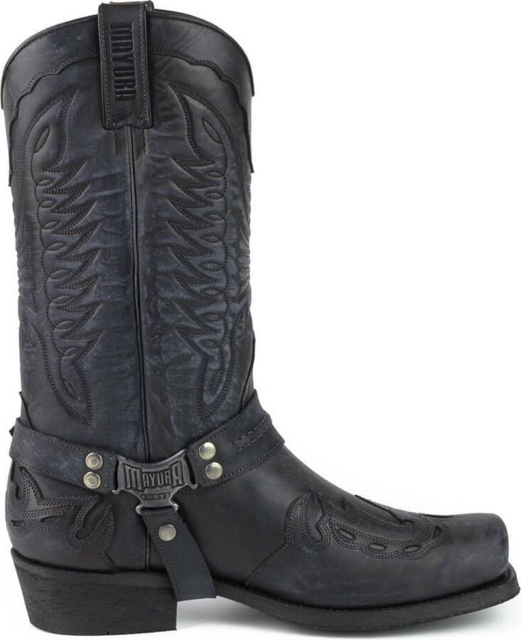 Mayura Boots Indian 2471 Vintage Zwart Cowboy Biker Laarzen Heren Vierkante Neus Platte Hak Afneembaar Spoor Echt Leer