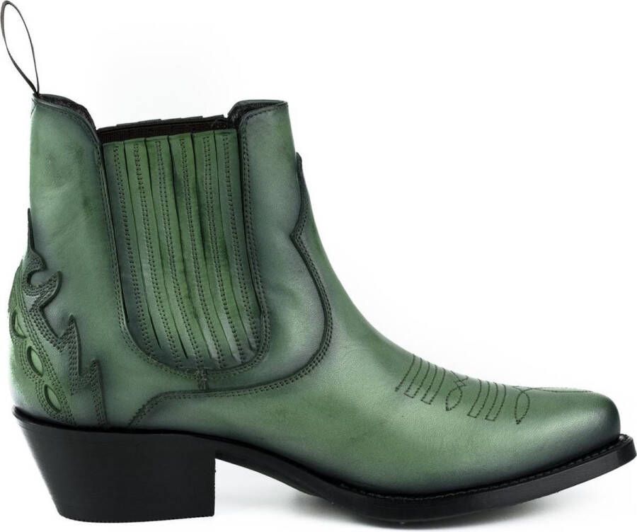 Mayura Boots Marilyn 2487 Groen Dames Cowboy Western Fashion Enklelaars Spitse Neus Schuine Hak Elastiek Sluiting Echt Leer