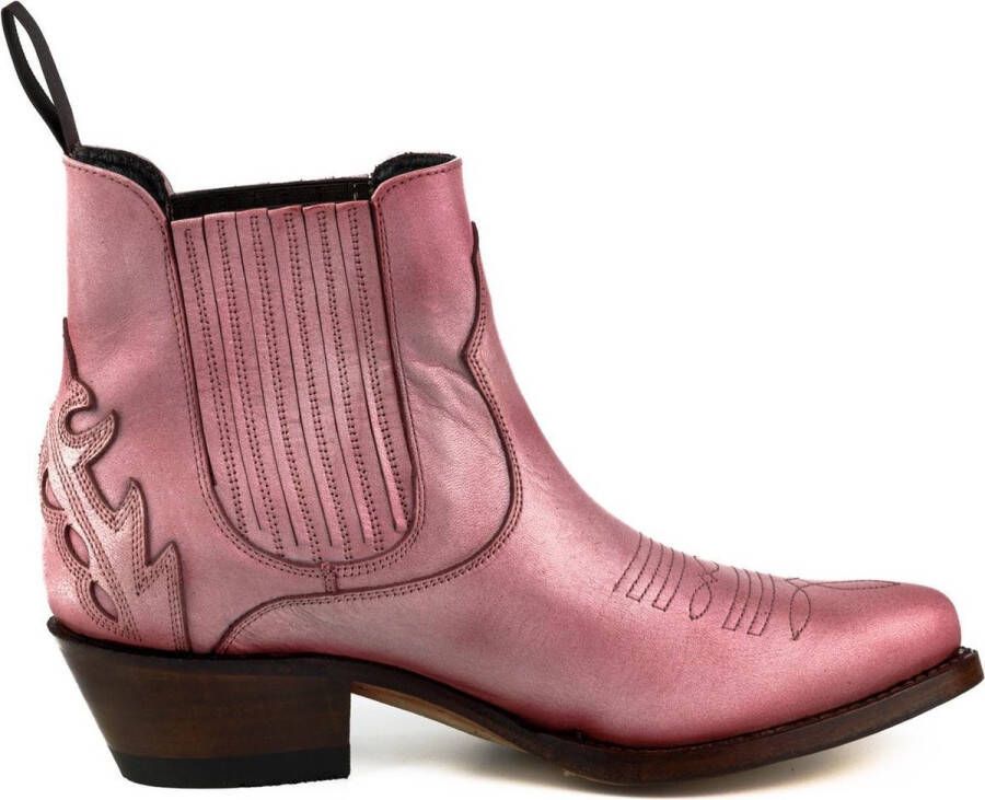 Mayura Boots Marilyn 2487 Roze Dames Cowboy Western Fashion Enklelaars Spitse Neus Schuine Hak Elastiek Sluiting Echt Leer