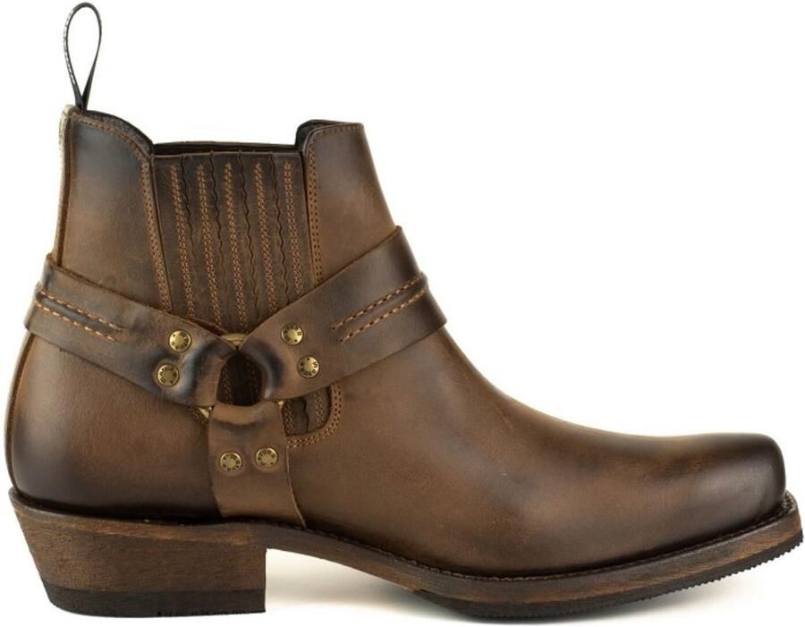 Mayura Boots 1444 Bruin Biker Cow Western Enkellaars Vierkante Neus Vast Spoor Elastiek Sluiting Vintage Geolied Leer