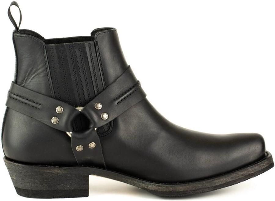 Mayura Boots 1444 Zwart Biker Cow Western Enkellaars Vierkante Neus Vast Spoor Elastiek Sluiting Vintage Geolied Leer
