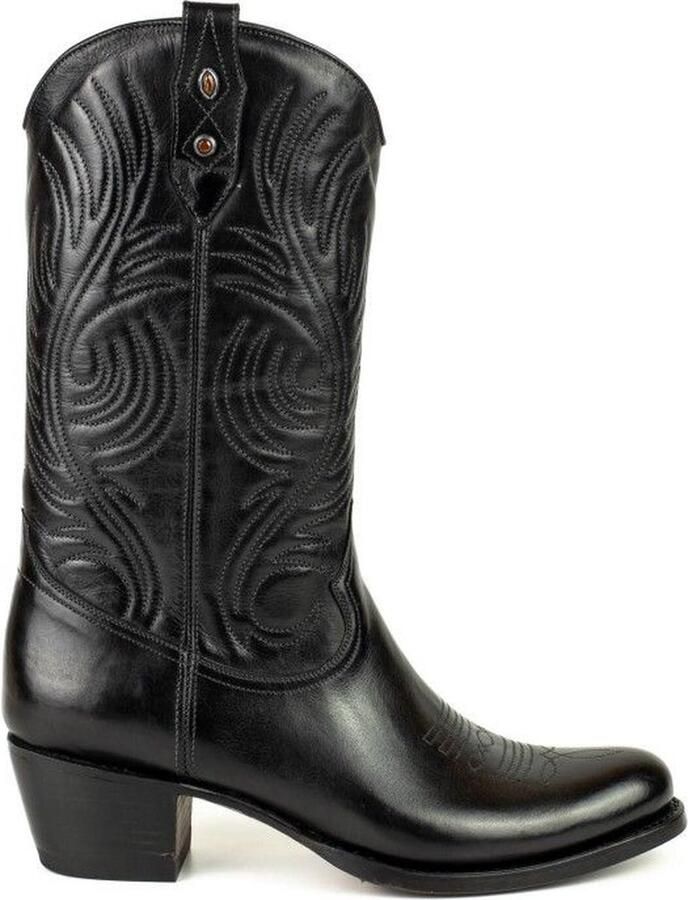 Mayura Boots 2526 Zwart Dames Boho Western Laarzen Blad Motief Sierstiksel Ronde Neus Schuine Hak Glad Leer