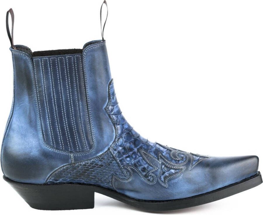 Mayura Boots Rock 2500 Blauw Spitse Western Heren Enkellaars Schuine Hak Elastiek Sluiting Vintage Look