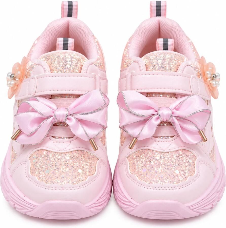 Meisjes Sneakers Roze met Glitter en Strikjes Kinderschoenen met Klittenbandsluiting