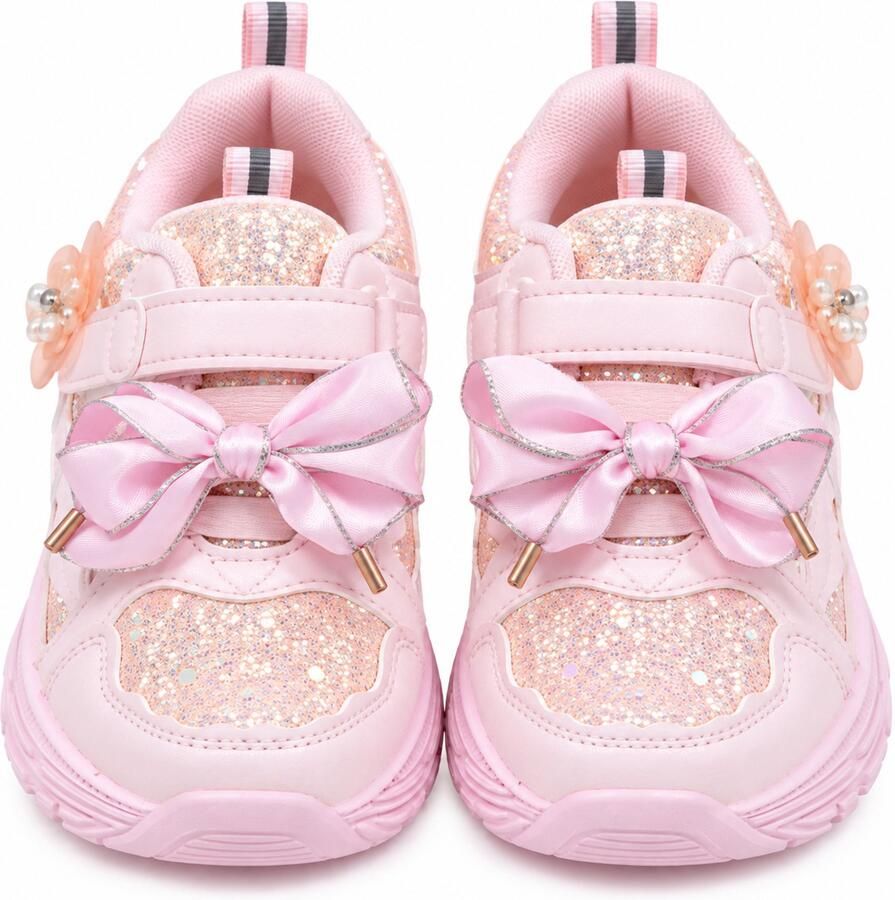 Meisjes Sneakers Roze met Glitter Strikjes en Bloemen Kinderschoenen met Klittenbandsluiting