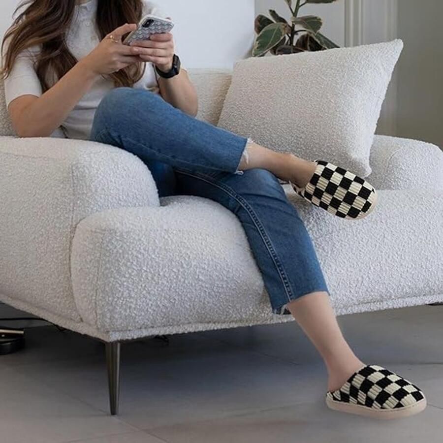 Merkloos Pantoffels Sloffen Fuzzy Geheugenschuim Geruite Pantoffels Slip op Anti-Skid Zool Slaapkamer Wolk Huisslippers Binnen Buiten