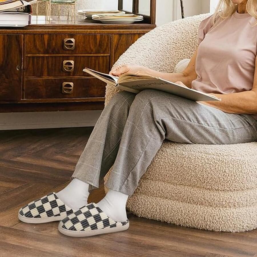 Merkloos Pantoffels Sloffen Fuzzy Geheugenschuim Geruite Pantoffels Slip op Anti-Skid Zool Slaapkamer Wolk Huisslippers Binnen Buiten