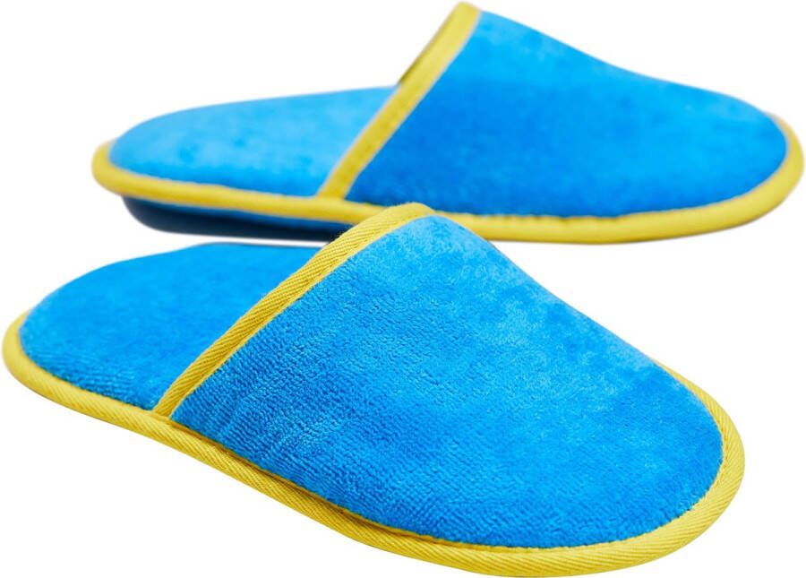 Merkloos Velour Badstof slippers zonder siliconen noppen 100% biologisch katoen hotelslippers pantoffels en één maat gesloten blauw geel