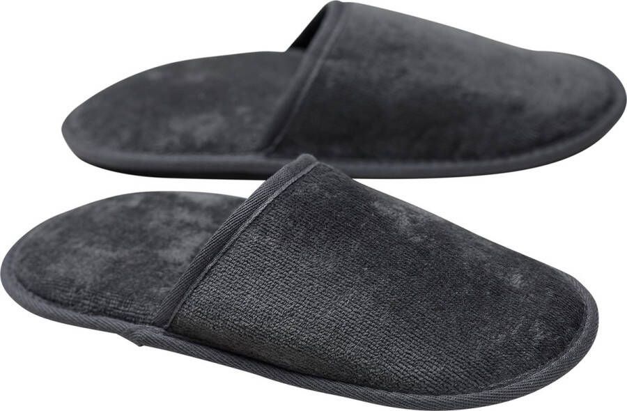 Merkloos Velour Badstof slippers zonder siliconen noppen 100% biologisch katoen hotelslippers pantoffels en één maat gesloten antraciet