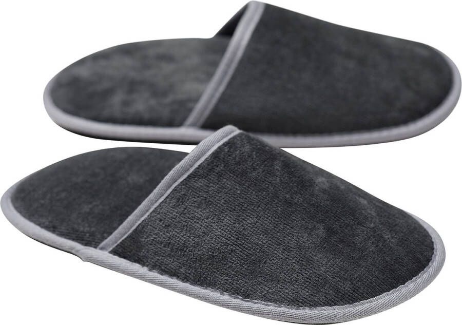 Merkloos Velour Badstof slippers zonder siliconen noppen 100% biologisch katoen hotelslippers pantoffels en één maat gesloten antraciet grijs