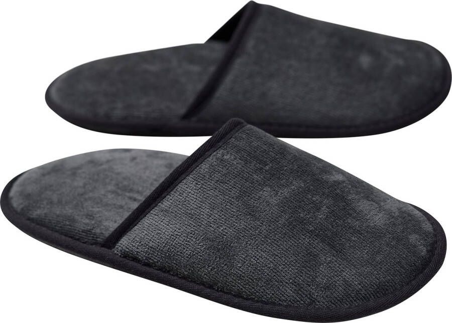Merkloos Velour Badstof slippers zonder siliconen noppen 100% biologisch katoen hotelslippers pantoffels en één maat gesloten antraciet zwart