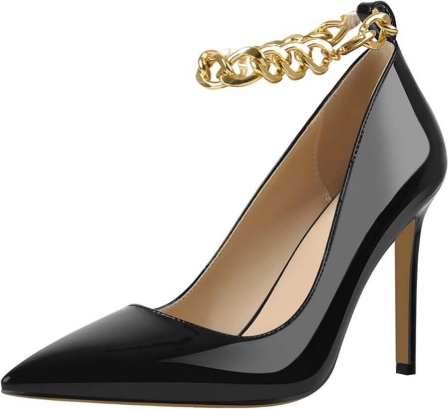 UrbanHomes High Heel Pumps Dames Stiletto Zwarte Elegante Stilettos met Enkelriem & Metalen Ketting Gesloten Neus Party Schoenen Urbanhome