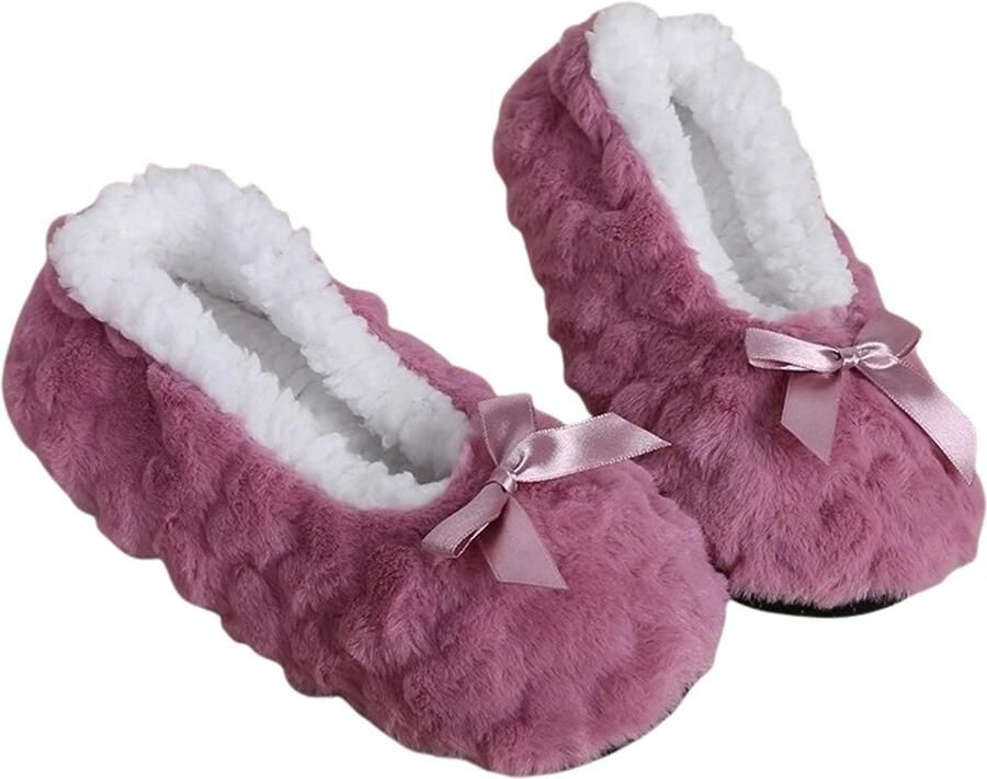 Mntrerm GoobiSales Warme Dames Pluche Slippers Zachte Antislip Pantoffels voor Binnen Comfortabele Bont Huispantoffels met Effen Kl ?? Winter Slippers met Strik Roze