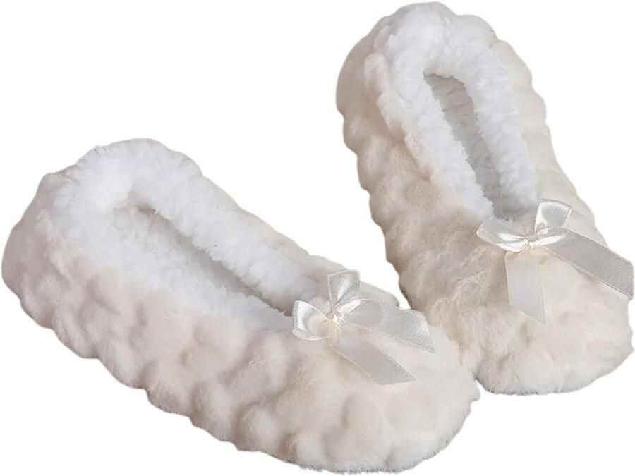 Mntrerm GoobiSales Warme Dames Pluche Slippers Zachte Antislip Pantoffels voor Binnen Comfortabele Bont Huispantoffels met Effen Kl ?? Winter Slippers met Strik Wit