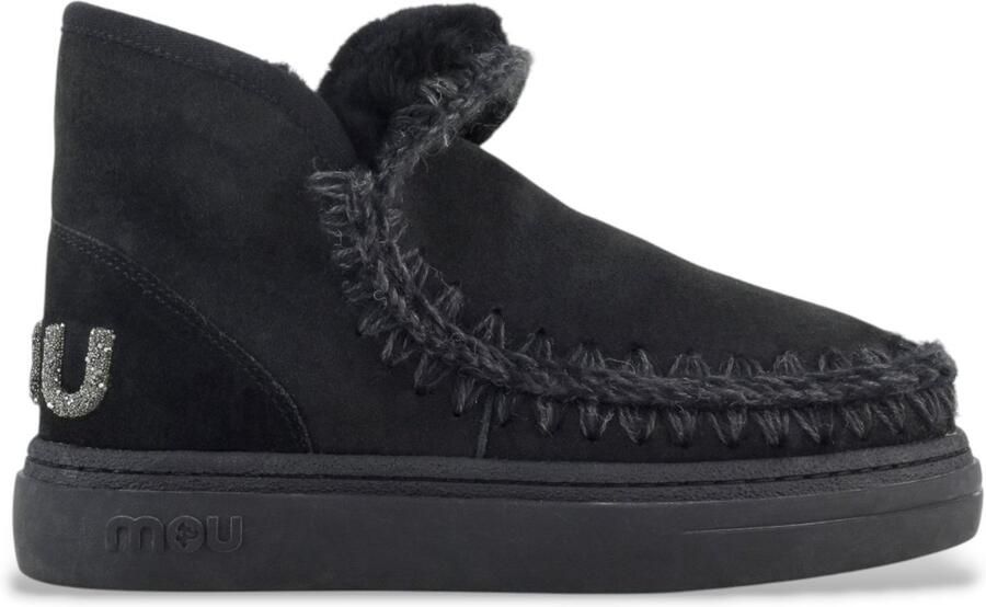 Mou Zwarte platte schoenen met ronde neus en ruwe wollen stiksels Black Dames